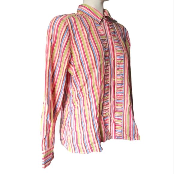 Liz Claiborne bright striped ruffle front button up collared blouse large - Picture 12 of 12